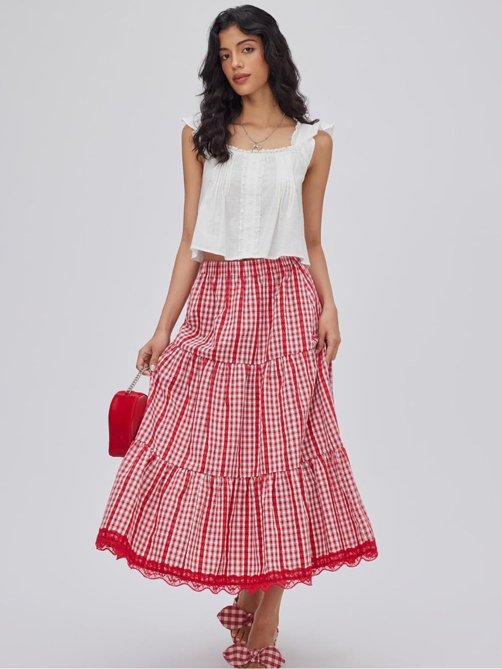 CIDER Red Gingham Tiered Maxi Skirt Lace Trim Size XL NWT